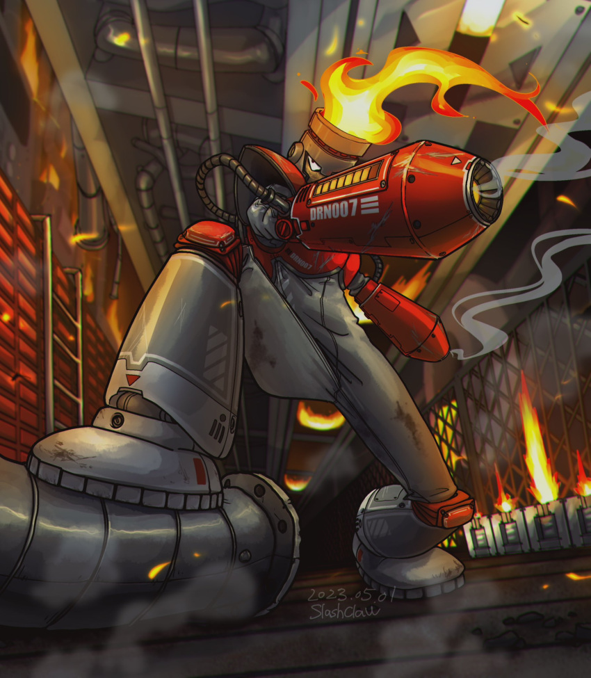 1boy arm_cannon armor artist_name bodysuit breastplate dated fire fire_man flamethrower highres humanoid_robot indoors kazafuki mega_man_(series) robot smoke solo weapon