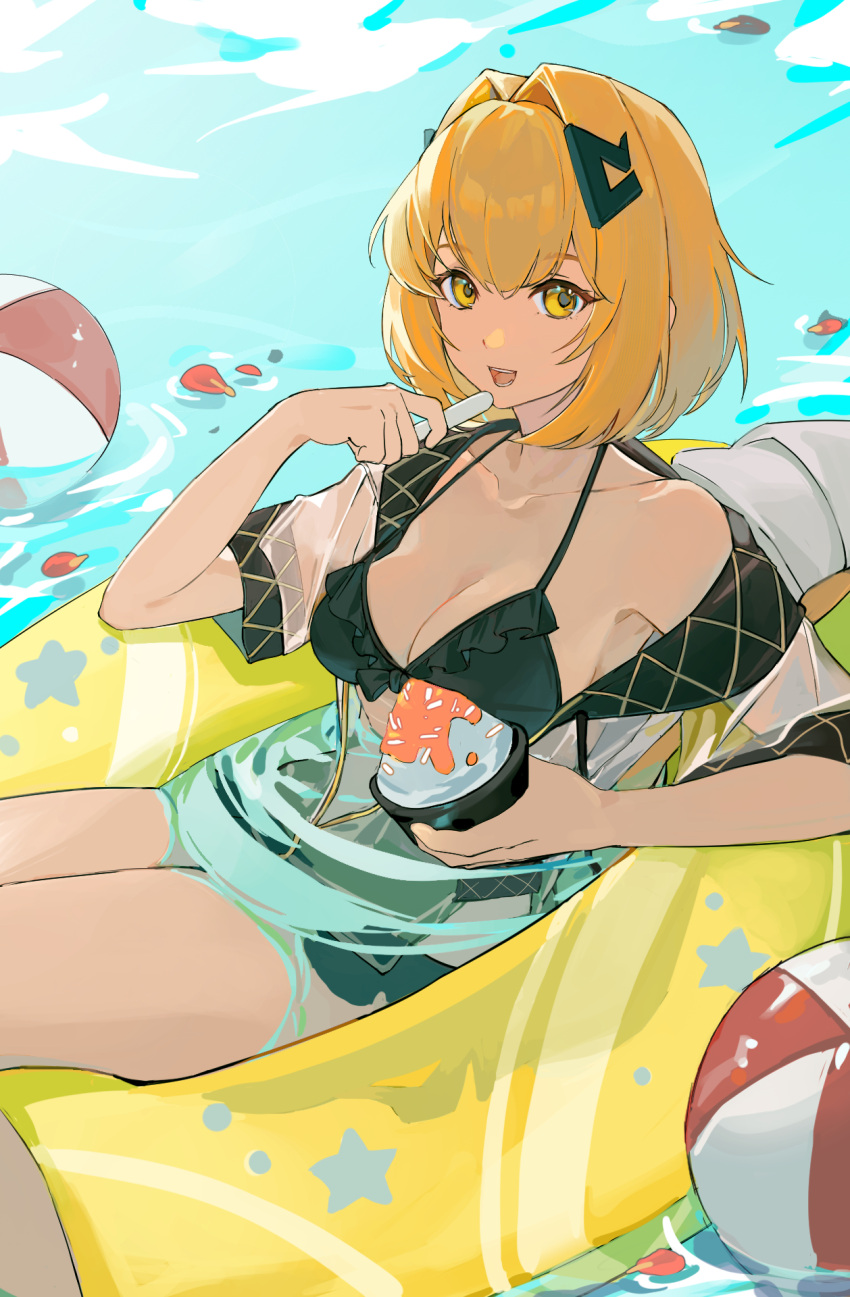 1girl afloat alchemy_stars ball beachball bikini black_bikini blonde_hair breasts cleavage feet_out_of_frame food hair_between_eyes hair_ornament hairclip highres innertube jacket looking_at_viewer marum1 medium_breasts open_mouth petals petals_on_liquid ripples shaved_ice smile solo swim_ring swimsuit teeth upper_teeth_only vice_(alchemy_stars) wet wet_clothes white_jacket yellow_eyes
