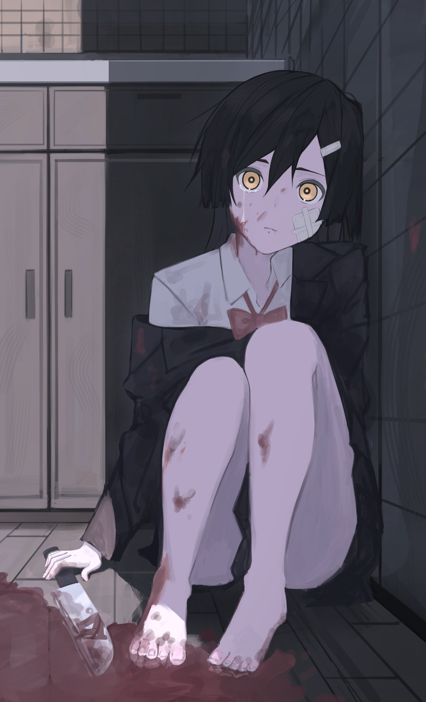 1girl absurdres bandage_on_face bandages barefoot black_hair black_jacket black_skirt blood blood_on_clothes blood_on_face blood_on_ground blood_on_knife blood_on_leg blood_stain bow bowtie closed_mouth collared_shirt derinhi1123 full_body hair_between_eyes hair_ornament hairclip highres indoors jacket knees_up knife legs looking_at_viewer miniskirt off_shoulder original red_bow red_bowtie school_uniform shadow shirt short_hair skirt solo thighs toenails white_shirt wooden_floor yellow_eyes