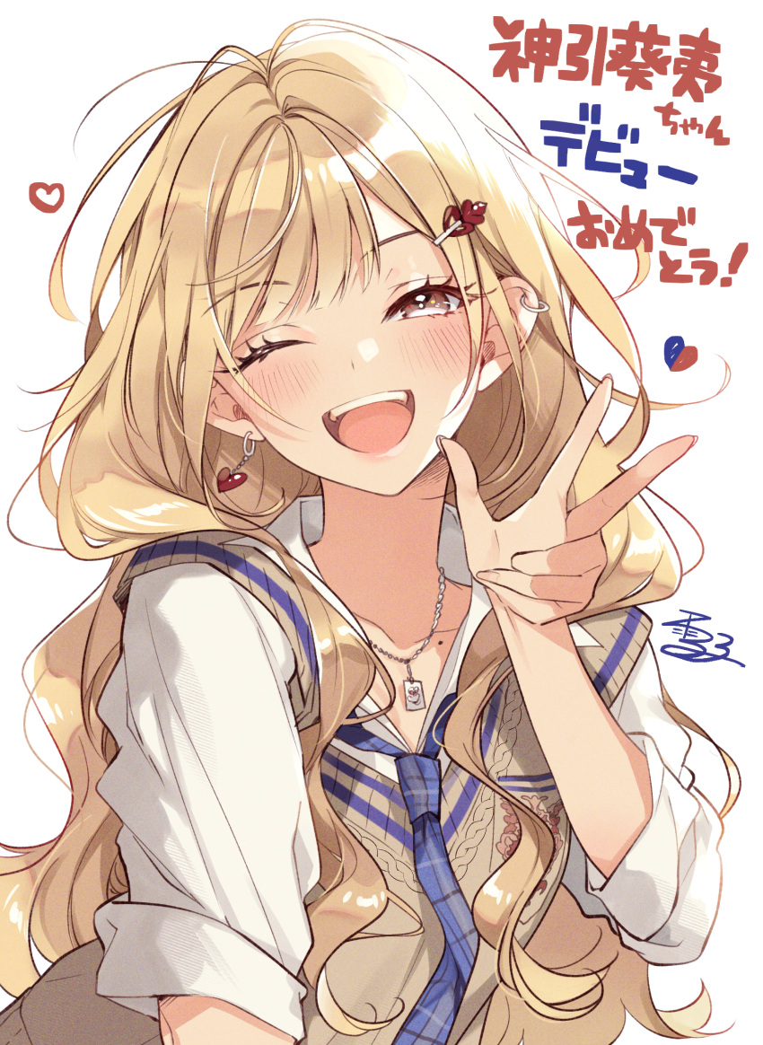 1girl blonde_hair blue_necktie blush brown_eyes commentary_request copyright_request drop_earrings ear_piercing earrings gyaru happy heart highres jewelry kamibiki_aoi kogal long_hair looking_at_viewer necklace necktie official_art one_eye_closed open_mouth piercing school_uniform shirt signature simple_background sleeves_rolled_up smile solo sweater translation_request upper_body virtual_youtuber w white_background white_shirt yellow_sweater yukiko_(tesseract)