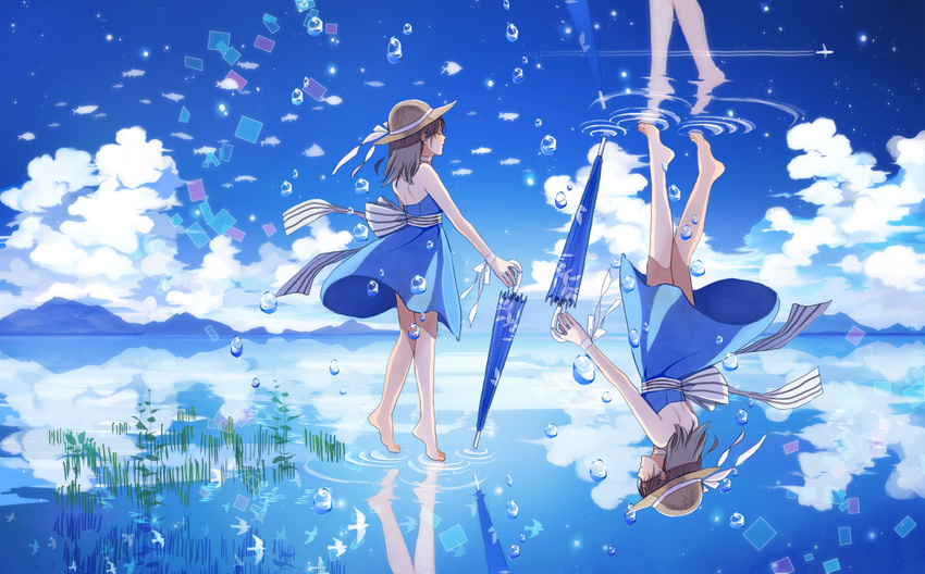 barefoot dress hat hishi_(k-xaby) multiple_girls original reflection rotational_symmetry umbrella water