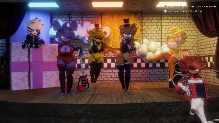 accordion animatronic anthro avian bear big_breasts bird blue_eyes bonnie_(cally3d) bonnie_(fnaf) bow_ribbon breasts canid canine chica_(cally3d) chica_(fnaf) chicken clothed clothing electronics eye_patch eyewear female five_nights_at_freddy's five_nights_at_freddy's_2 fox foxy_(cally3d) foxy_(fnaf) freddy_(fnaf) fredina's_nightclub fredina_(cally3d) galliform gallus_(genus) glowing glowing_eyes golden_freddy_(fnaf) golden_fredina_(cally3d) group guitar hat headgear headwear hi_res lagomorph legwear leporid machine mammal marie_(cally3d) marionette_(fnaf) microphone musical_instrument phasianid pink_eyes plucked_string_instrument pupils rabbit robot scottgames silver2299 skimpy slit_pupils stage string_instrument thigh_highs top_hat yellow_eyes