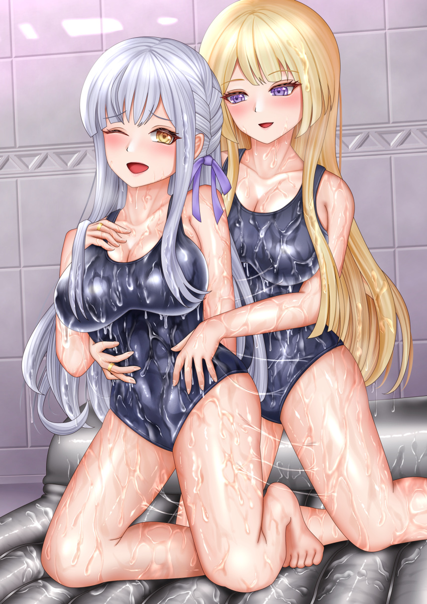 2girls air_mattress arm_behind_back assault_lily bare_arms bare_legs bare_shoulders barefoot behind_another black_one-piece_swimsuit blonde_hair blush breasts cleavage collarbone commentary_request dutch_angle fingernails grey_hair hand_on_own_chest hand_up hands_on_another's_waist hands_up highres imai_tomohiro indoors jewelry kneeling kon_kanaho large_breasts long_hair looking_ahead looking_at_another lotion lotion_play miyagawa_takane multiple_girls one-piece_swimsuit one_eye_closed open_mouth parted_lips purple_eyes raised_eyebrows ring school_swimsuit smile swimsuit tile_wall tiles very_long_hair wet wet_hair yellow_eyes yuri