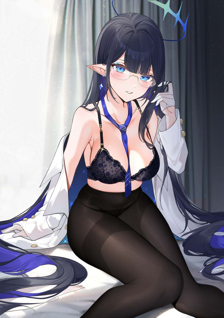 1girl absurdres bare_shoulders black_pantyhose blue_archive blue_eyes blue_hair blush breasts cleavage collarbone colored_inner_hair glasses halo highres large_breasts long_hair looking_at_viewer multicolored_hair navel pantyhose pointy_ears rin_(blue_archive) solo thighs yukineko1018