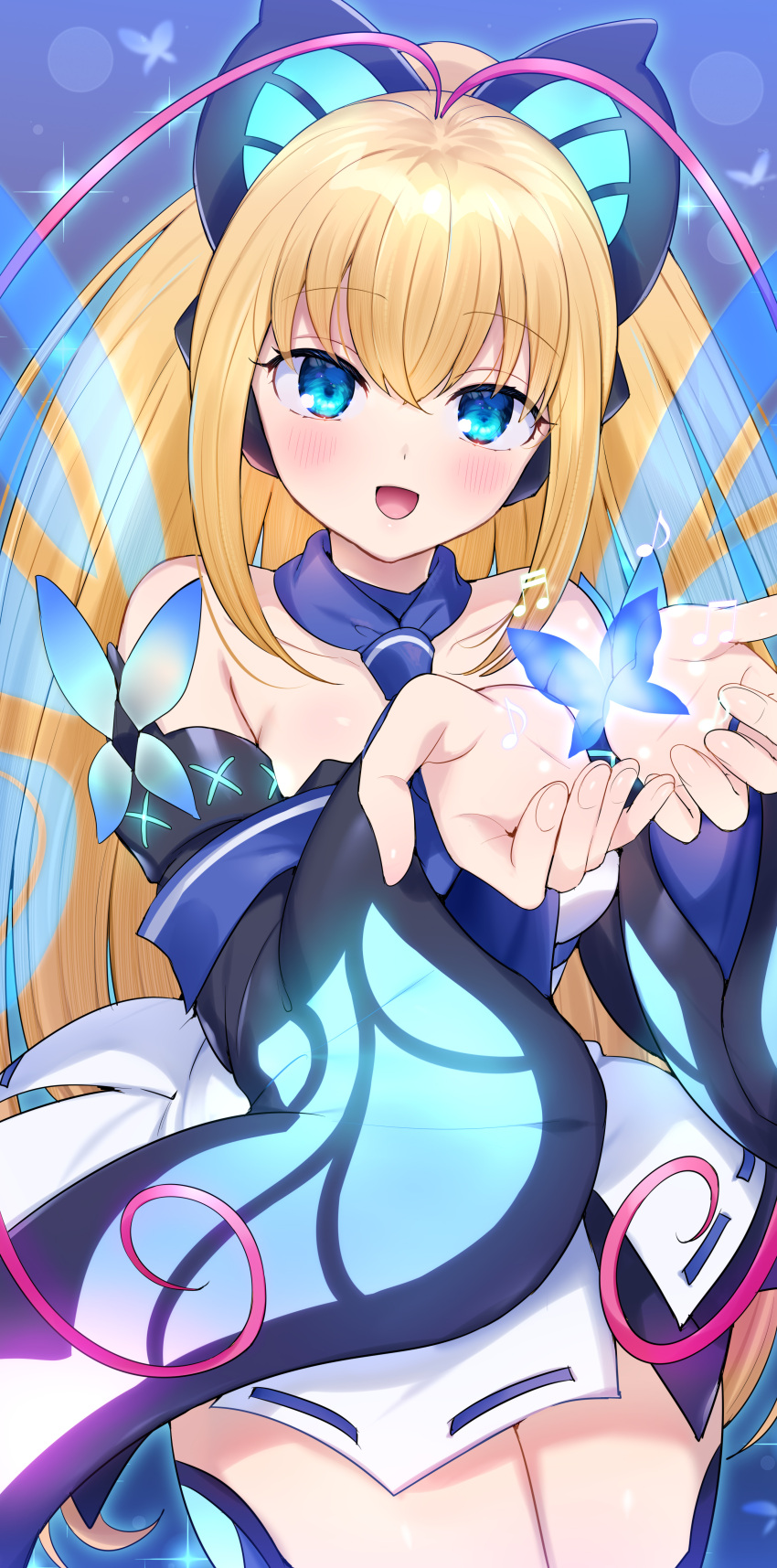 1girl absurdres antenna_hair azure_striker_gunvolt bare_shoulders blonde_hair blue_eyes blush bug butterfly butterfly_hair_ornament cowboy_shot dress energy_wings glowing_butterfly hair_ornament high_ponytail highres idol kakizato long_hair lumen_(gunvolt) musical_note pink_hair solo strapless strapless_dress very_long_hair white_dress wide_sleeves