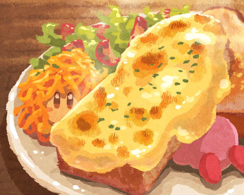 bread bread_slice cheese colored_skin food food_focus foodification in_food kirby kirby's_dream_land kirby_(series) lettuce looking_at_viewer miclot no_humans pink_footwear pink_skin plate tomato tomato_slice waddle_dee