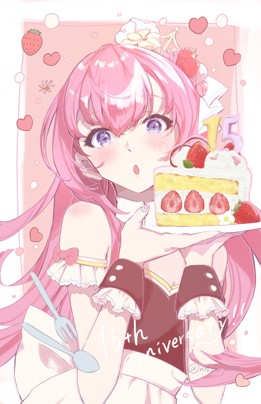 1girl :o absurdres alternate_costume arm_cuffs back_bow black_shirt blue_nails blush bow cake cake_slice detached_sleeves english_text flower food fork frills fruit hair_between_eyes hair_ornament heart highres holding holding_plate lace-trimmed_sleeves lace_trim megurine_luka nekota_yama open_mouth pink_bow pink_hair plate shirt skirt solo spoon strawberry twitter_username vocaloid white_bow white_skirt yellow_flower