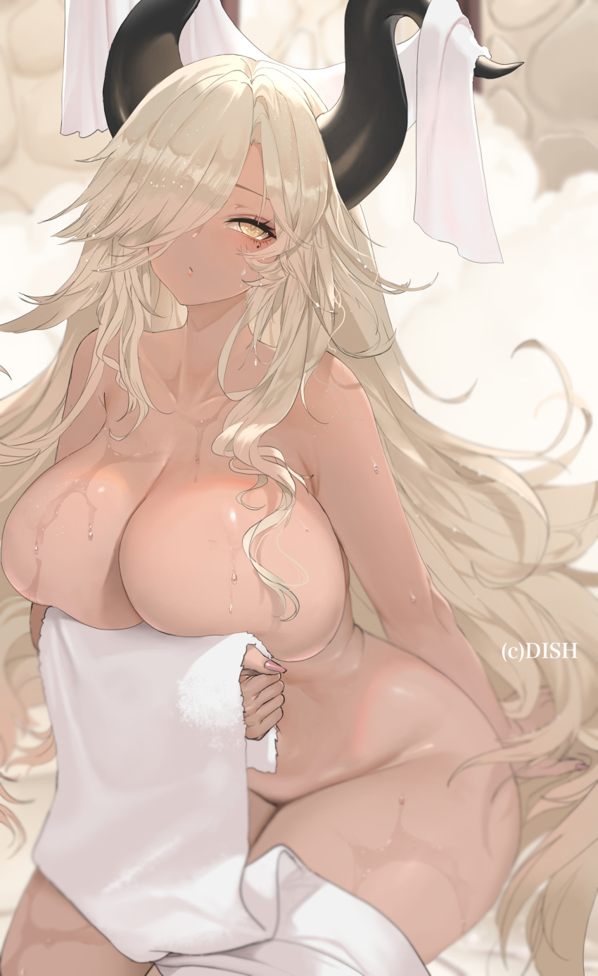 1girl absurdres azur_lane black_horns blonde_hair blush breasts cleavage closed_mouth collarbone commentary dark-skinned_female dark_skin dishwasher1910 english_commentary hair_over_one_eye highres horns large_breasts looking_at_viewer naked_towel one_eye_covered owari_(azur_lane) sitting solo thighs towel wet white_towel yellow_eyes