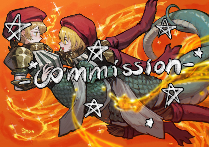 1boy 1girl animal_legs armor blonde_hair collar commission don_quixote_(project_moon) dress e.g.o_(project_moon) food gloves green_dress highres hug limbus_company lizard_tail open_mouth pauldrons project_moon red_gloves red_hat shan23852196 shoulder_armor sinclair_(project_moon) smile soup tail watermark yellow_eyes