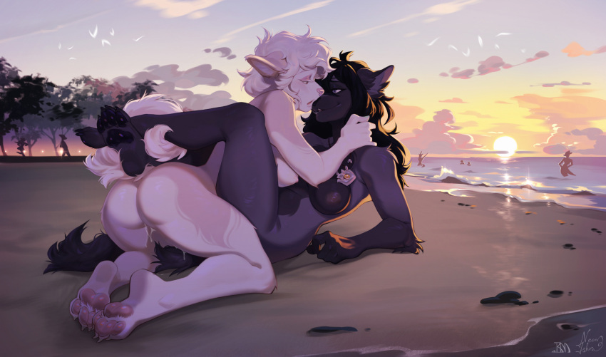 anthro beach black_body black_hair blacky-moon blush breasts canid canine canis domestic_dog duo female female/female flower fluffy fluffy_tail genitals hair hi_res hybrid kissing long_hair lube mammal masturbation neon-chan nipples pawpads paws pink_body plant public pussy sea short_hair smile spots sunset tail water white_body white_hair wolf