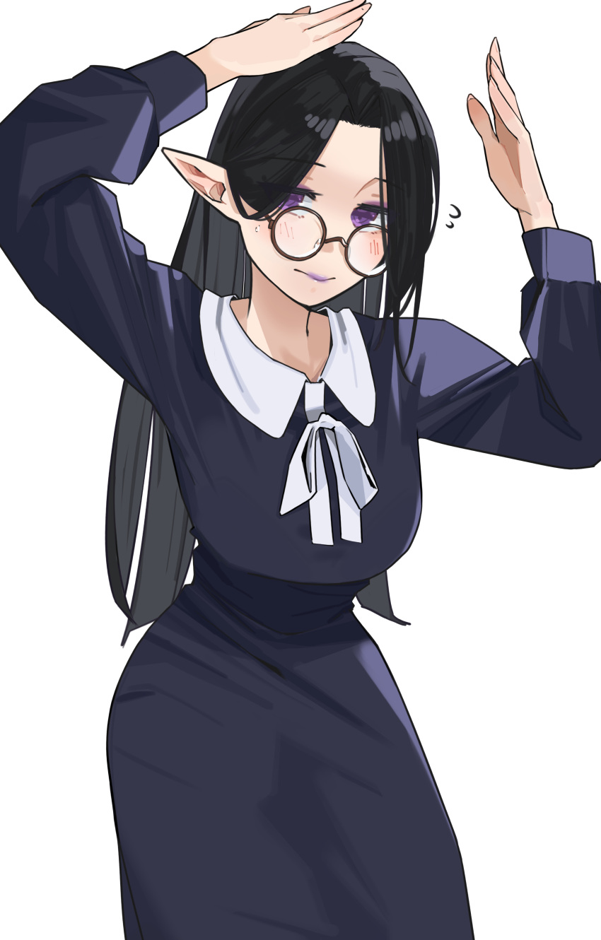 1girl absurdres arms_up black_dress black_hair blush bow bowtie breasts collar commission cowboy_shot dress elf flying_sweatdrops glasses highres large_breasts lewdrawings long_hair long_sleeves looking_at_viewer looking_over_eyewear open_hands original parted_bangs pointy_ears purple_eyes purple_lips round_eyewear simple_background solo white_background white_bow white_bowtie white_collar