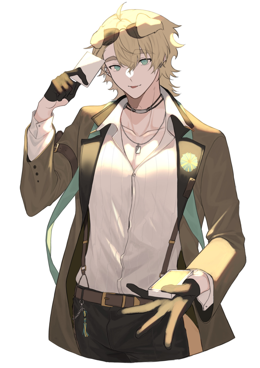 1boy absurdres ahoge animal_ears arknights black_gloves blonde_hair blue_eyes card collarbone collared_shirt commentary dog_boy dog_ears gloves hair_between_eyes half_gloves highres holding holding_card jacket looking_at_viewer male_focus multiple_necklaces open_clothes open_jacket playing_card sarudesuyo shirt short_hair solo suspenders tequila_(arknights) upper_body white_shirt