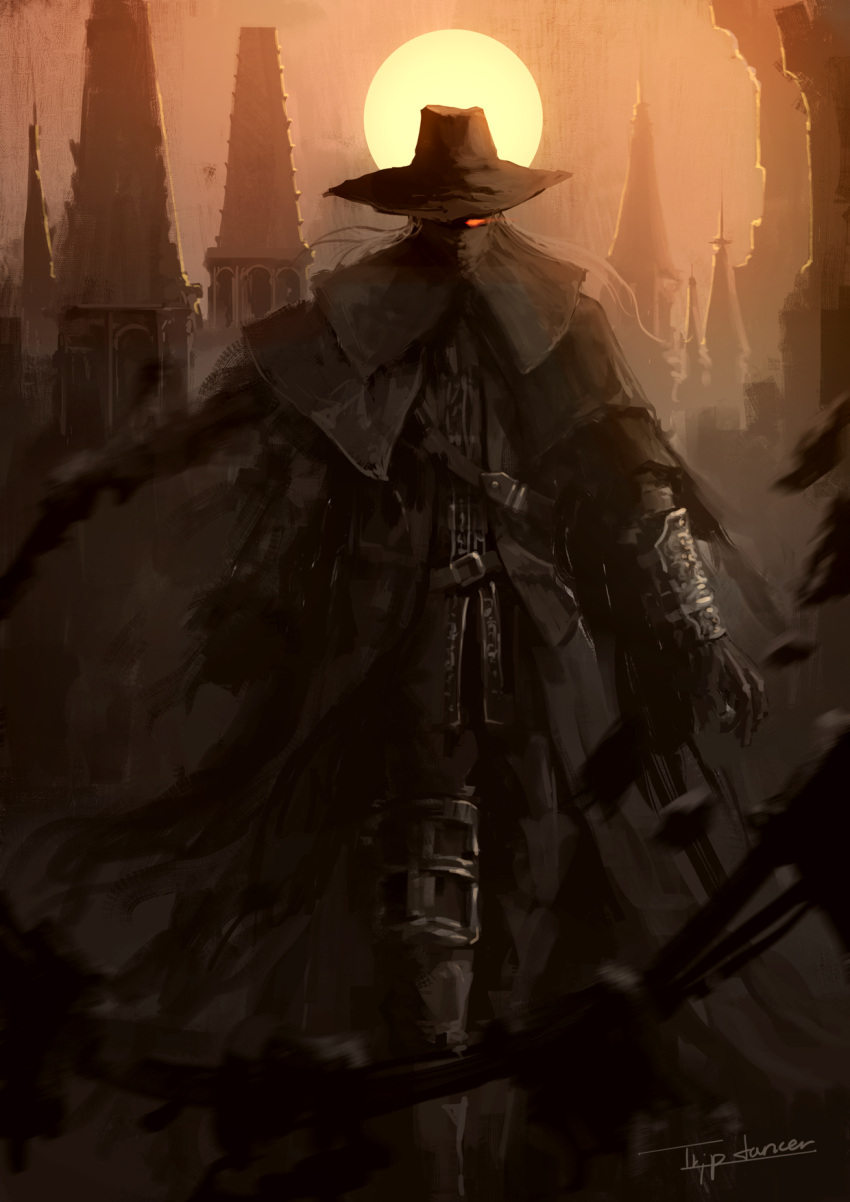 1boy beast_cutter_(bloodborne) belt black_coat bloodborne building coat commentary full_moon glowing glowing_eyes hat highres holding holding_whip long_hair male_focus mask moon mouth_mask old_hunter_(bloodborne) red_eyes signature solo tripdancer walking white_hair yellow_moon