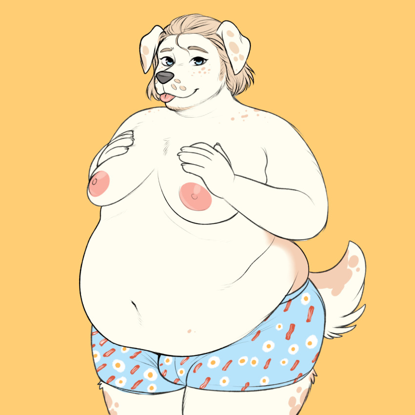 1:1 2022 anthro anutka areola belly biped blonde_hair blue_eyes boxer_briefs boxer_briefs_only canid canine canis clothed clothing digital_media_(artwork) domestic_dog eyebrows floppy_ears fur hair hi_res male mammal moobs navel nipples obese obese_anthro obese_male orange_background overweight overweight_anthro overweight_male pattern_boxer_briefs pattern_clothing pattern_underwear pink_areola pink_nipples pink_tongue scut_tail short_tail simple_background solo standing tail tongue tongue_out topless underwear underwear_only white_body white_fur