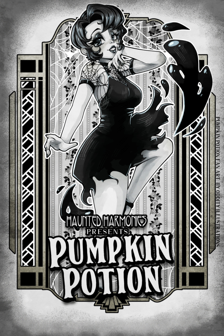 1girl black_dress black_eyeshadow black_hair black_nails character_name dress eyeshadow greyscale highres indie_virtual_youtuber looking_at_viewer makeup monochrome natasha_martin outline parted_lips pumpkin_potion short_hair silk smile solo spider_web virtual_youtuber white_outline