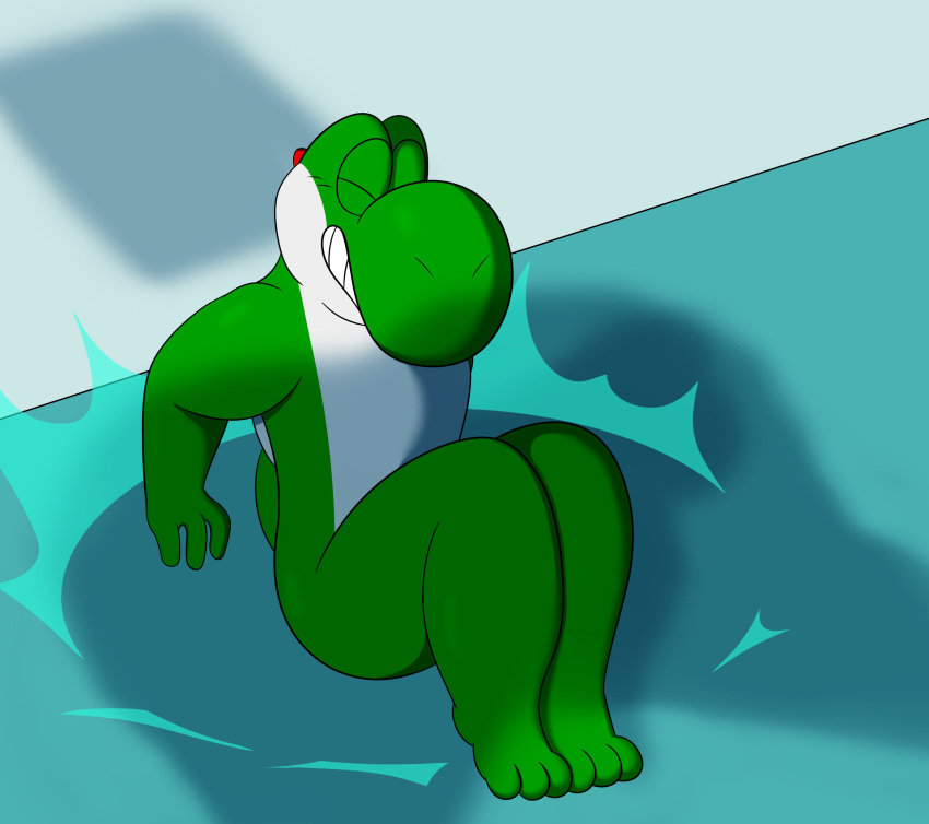 2024 absurd_res anthro clenched_teeth colossalstars digital_media_(artwork) dinosaur eyes_closed green_body green_scales green_tail green_yoshi hand_on_ground hi_res legs_together male mario_bros multicolored_body multicolored_scales nintendo on_ground reptile scales scalie solo tail teeth two_tone_body two_tone_scales white_body white_scales yoshi yoshi_(character)