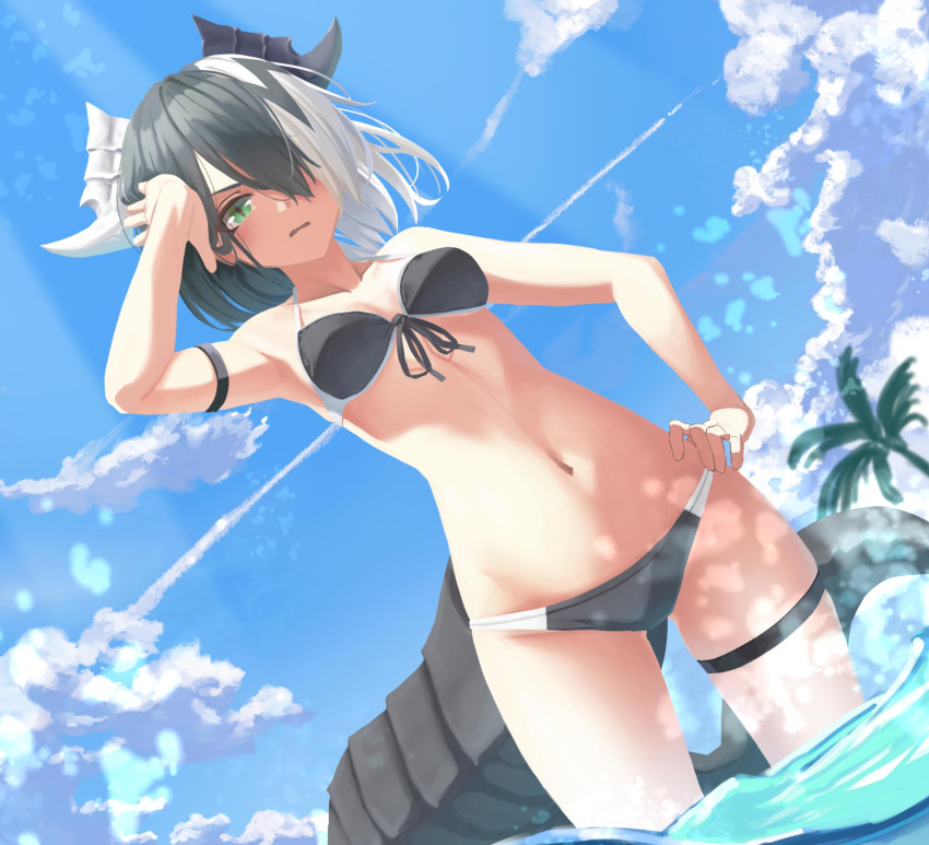 1girl alchemy_stars bikini black_bikini black_hair breasts cloud cloudy_sky green_eyes groin hair_over_one_eye hand_on_own_head hand_on_own_hip highres horns in_water looking_at_viewer ms080119 multicolored_hair multicolored_horns navel ocean open_mouth palm_tree sharona_(alchemy_stars) sky slit_pupils small_breasts solo stomach sunlight swimsuit tail thigh_strap tree two-tone_hair two-tone_horns wavy_mouth white_hair