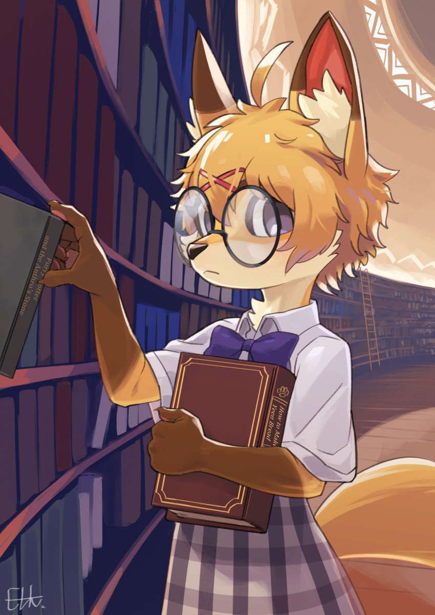 1girl ahoge animal_ear_fluff animal_ears black-framed_eyewear blonde_hair body_fur book bookshelf bow bowtie closed_mouth collared_shirt commission english_text fox_ears fox_girl fox_tail furry furry_female hair_ornament highres holding holding_book indoors kadim library original parody plaid plaid_skirt purple_bow purple_bowtie purple_eyes round_eyewear shirt short_hair short_sleeves skirt solo tail title_parody white_shirt x_hair_ornament