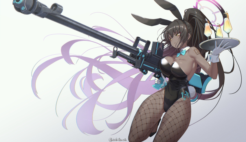 1girl animal_ears black_hair black_leotard black_pantyhose blue_archive blue_bow blue_bowtie bow bowtie boys_anti_tank_rifle breasts cup dark-skinned_female dark_skin detached_collar drinking_glass fake_animal_ears fake_tail fishnet_pantyhose fishnets floating_hair gloves gun halo hibi_tsuna high_ponytail highleg highleg_leotard highres holding holding_gun holding_plate holding_weapon karin_(blue_archive) karin_(bunny)_(blue_archive) large_breasts leg_up leotard long_hair narrowed_eyes official_alternate_costume pantyhose plate rabbit_ears rabbit_tail shoulder_tattoo solo tail tattoo trigger_discipline twitter_username very_long_hair weapon white_gloves wrist_cuffs yellow_eyes