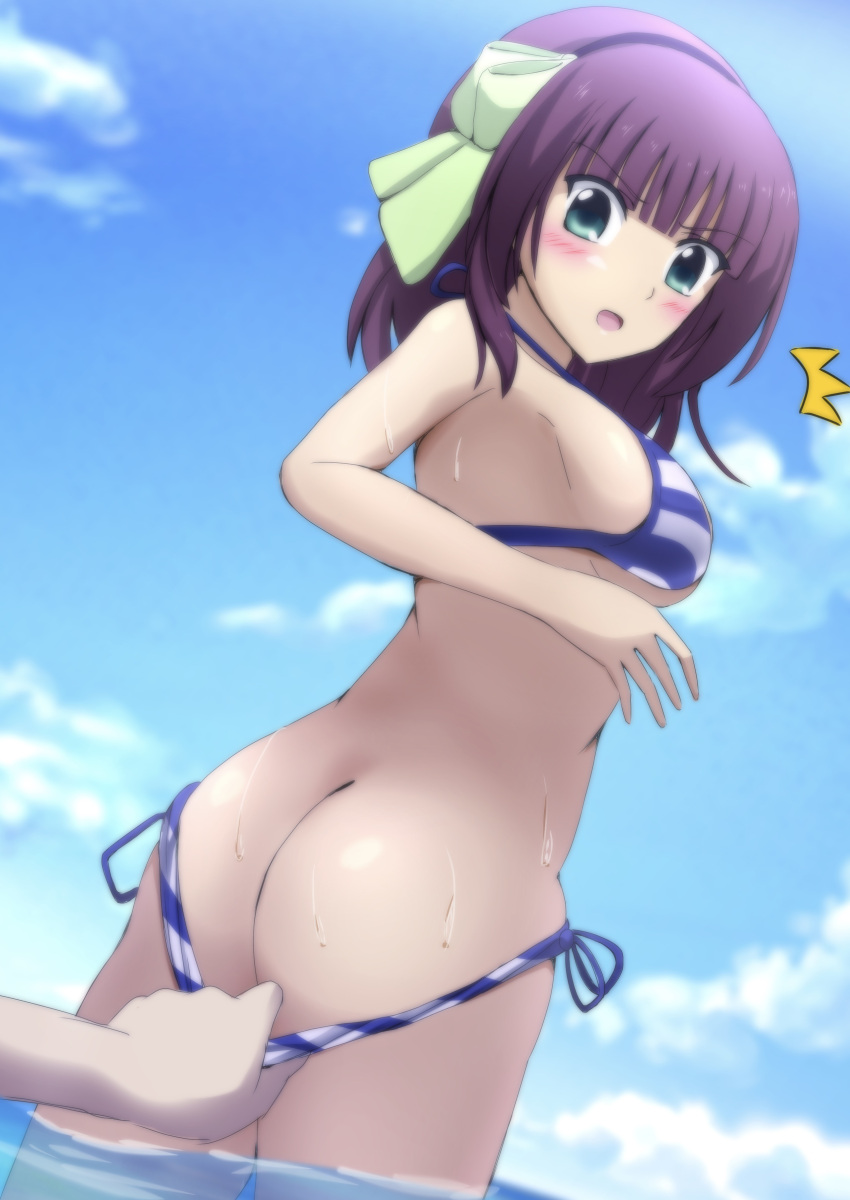 1girl 1other ^^^ absurdres accidental_pervert angel_beats! ass bare_arms bikini bikini_bottom_pull black_hairband blue_bikini blue_sky blunt_bangs blush bow breasts commentary_request cowboy_shot curvy day dutch_angle eyes_visible_through_hair from_behind green_bow green_eyes hair_bow hairband halterneck hand_up highres lelie_(lelie_link) looking_back looking_down medium_breasts medium_hair nakamura_yuri open_mouth outdoors paid_reward_available purple_hair side-tie_bikini_bottom sideboob sky solo straight_hair striped_bikini striped_clothes surprised swimsuit v-shaped_eyebrows wading water wet