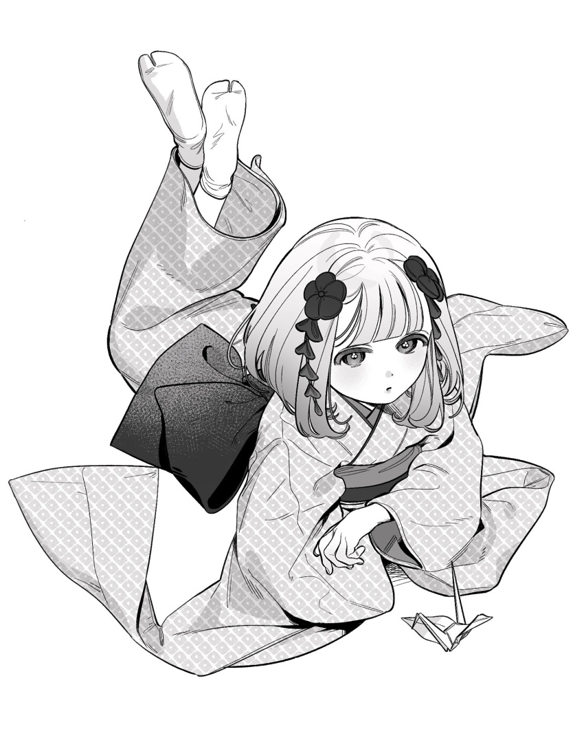 1girl expressionless feet_up flower full_body greyscale hair_flower hair_ornament highres japanese_clothes kimono looking_at_viewer lying monochrome nanoka_san obi on_stomach origami original paper_crane sash short_hair simple_background solo tabi