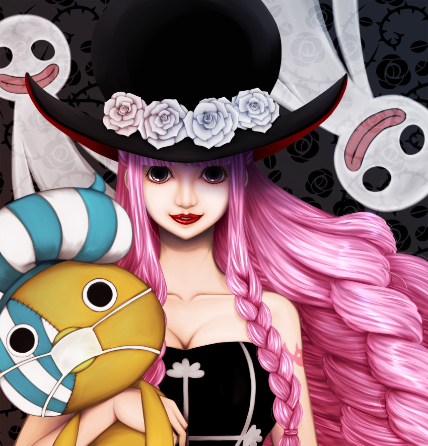 1girl arm_tattoo black_dress black_eyes blunt_bangs braid braided_sidelock commentary_request dress drill_hair floral_print flower ghost hat highres holding holding_stuffed_toy kumacy long_hair looking_at_viewer mask mitsuki32 mouth_mask one_piece perona pink_hair red_lips rose solo strapless strapless_dress stuffed_toy tattoo top_hat upper_body white_flower white_rose