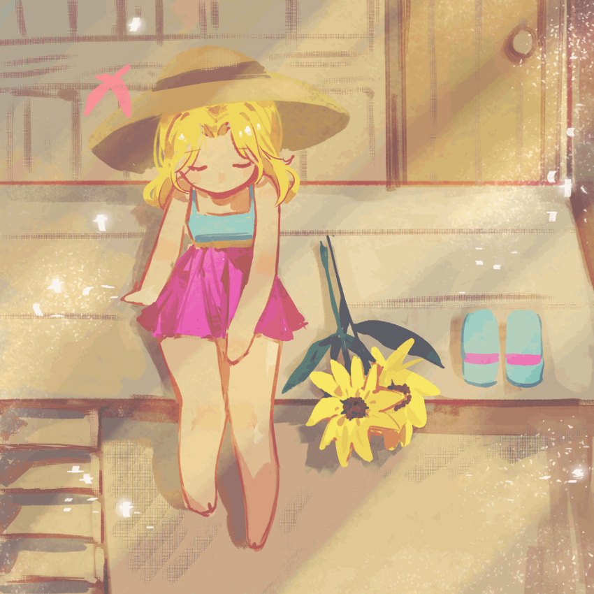 1girl bare_arms bare_legs bare_shoulders barefoot blue_tank_top brown_hat chinese_commentary closed_eyes dashu03 door flip-flops flower from_above full_body hair_intakes haley_(stardew_valley) hat highres medium_hair miniskirt no_mouth pink_skirt pleated_skirt porch sandals sitting skirt solo stairs stardew_valley sun_hat sunflower tank_top u_u unworn_footwear wooden_door wooden_porch wooden_stairs yellow_flower