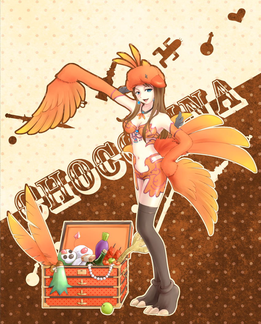 apple bad_id bad_pixiv_id black_legwear blue_eyes brown_hair carbuncle_(final_fantasy) character_name chocolina drink feathers final_fantasy final_fantasy_xiii final_fantasy_xiii-2 food fruit hand_on_hip hat highres kururi_(oekaki_nikki) legs long_hair moogle open_mouth solo thighhighs treasure_chest wings