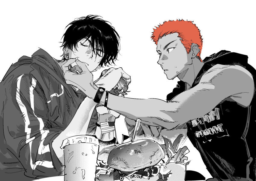 2boys atie1225 black_hair black_wristband burger closed_eyes fast_food food highres hood hoodie jacket looking_at_another male_focus multiple_boys parted_lips reaching_towards_another red_hair rukawa_kaede sakuragi_hanamichi sitting slam_dunk_(basketball) slam_dunk_(series) sleeveless sleeveless_hoodie sportswear track_jacket