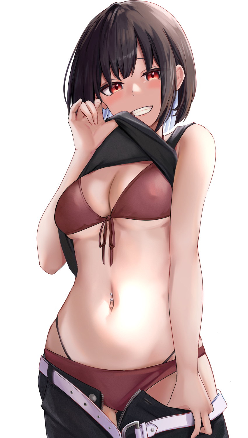 1girl absurdres ass_visible_through_thighs belt bikini black_hair black_panties breasts brown_bikini cleavage clothes_lift commentary_request cowboy_shot front-tie_bikini_top front-tie_top grin highres lifted_by_self medium_breasts miyama_mizuki_(hoshihoshi1220) navel navel_piercing original panties piercing red_eyes shirt_lift short_hair simple_background smile solo swimsuit underboob underwear white_background white_belt