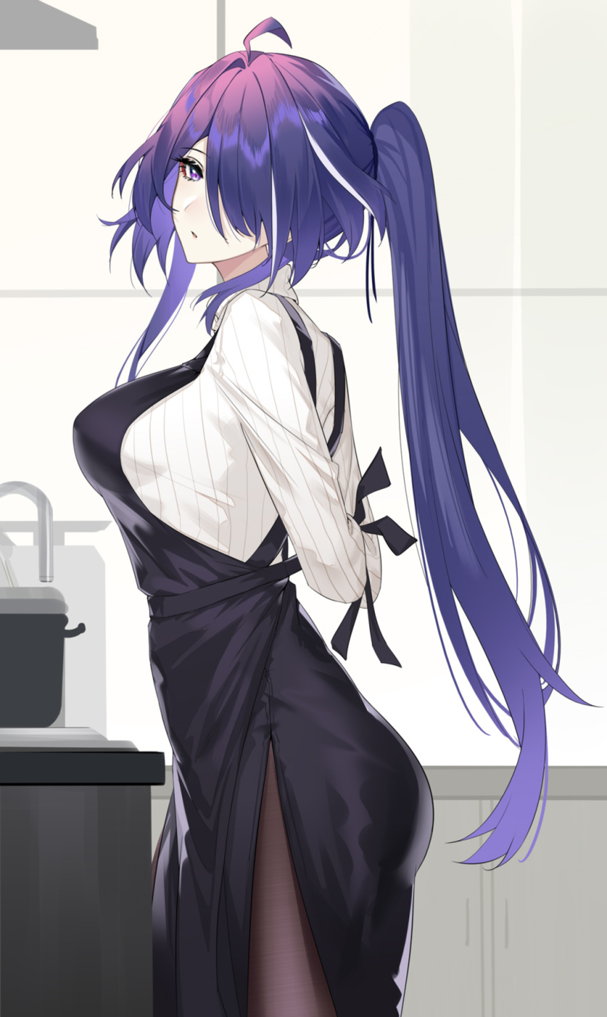 1girl acheron_(honkai:_star_rail) ahoge apron arms_behind_back black_apron black_pantyhose breasts commentary_request cowboy_shot hair_over_one_eye highres honkai:_star_rail honkai_(series) indoors large_breasts long_sleeves looking_at_viewer pantyhose ponytail purple_eyes purple_hair ribbed_sweater solo srpzk standing sweater turtleneck turtleneck_sweater tying_apron white_sweater