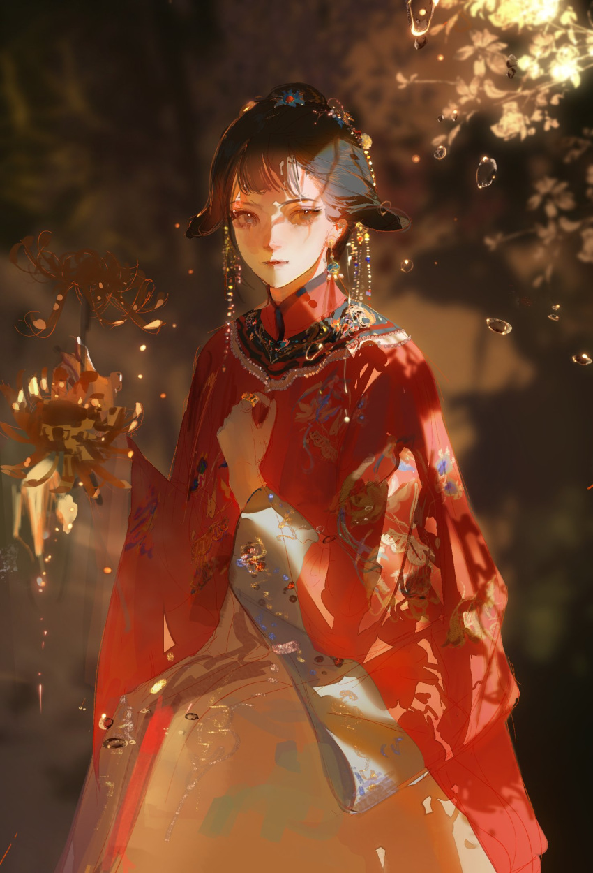 1girl black_hair blurry blurry_background brown_eyes chinese_clothes closed_mouth earrings floral_print flower hair_ornament hanfu highres holding holding_flower jewelry light_particles long_sleeves looking_at_viewer original red_flower red_robe robe short_hair solo spider_lily touziniao water_drop wide_sleeves