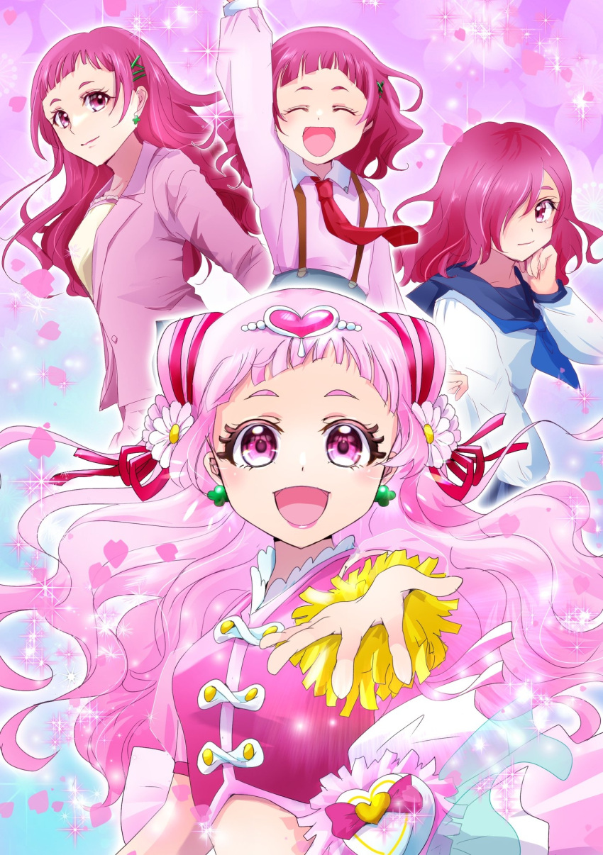 4girls :d age_comparison arm_up back_bow blue_background bow closed_eyes cure_yell dot_nose double_bun earrings facing_viewer flower gradient_background hair_bow hair_bun hair_flower hair_ornament hair_over_one_eye hair_ribbon hairclip heart heart_hair_ornament highres hugtto!_precure jewelry long_hair looking_at_viewer manekineko5319 mature_female medium_hair multicolored_background multiple_girls multiple_persona necktie nono_hana open_mouth outstretched_hand petals pink_background pink_eyes pink_hair pink_shirt pink_theme pouch precure puffy_sleeves red_bow red_necktie red_ribbon ribbon school_uniform see-through see-through_sleeves serafuku shirt sleeveless sleeveless_shirt smile sparkle thick_eyelashes upper_body wavy_hair white_bow yellow_wrist_cuffs