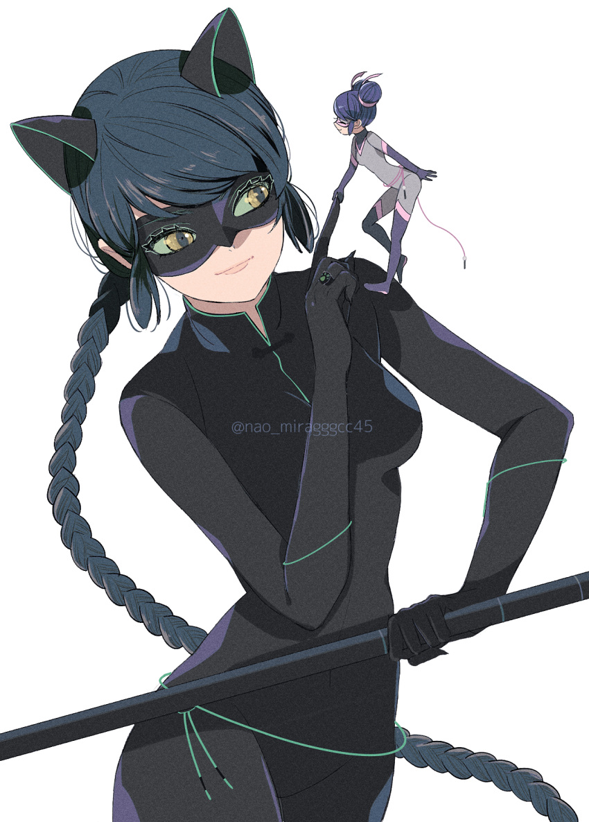 2girls animal_ears black_hair black_mask blue_hair bodysuit braid cat_ears cat_girl closed_eyes closed_mouth double_bun green_eyes grey_bodysuit grey_mask hair_bun highres holding holding_weapon lady_noir long_hair marinette_dupain-cheng mask miraculous_ladybug multimouse_(character) multiple_girls seio_(nao_miragggcc45) simple_background slit_pupils smile superhero_costume weapon white_background