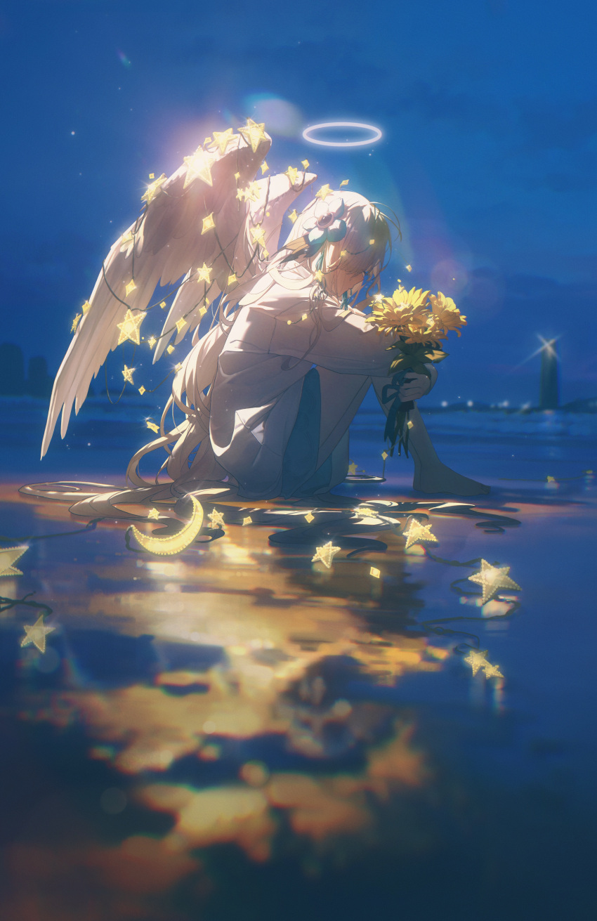 1girl absurdres angel_wings barefoot commentary_request flower hair_flower hair_ornament hair_over_one_eye halo highres holding holding_flower isekai_joucho kamitsubaki_studio konya_karasue long_hair night night_sky reflection shirt short_shorts shorts sitting sky solo star_(sky) starry_sky very_long_hair white_shirt wings yellow_flower