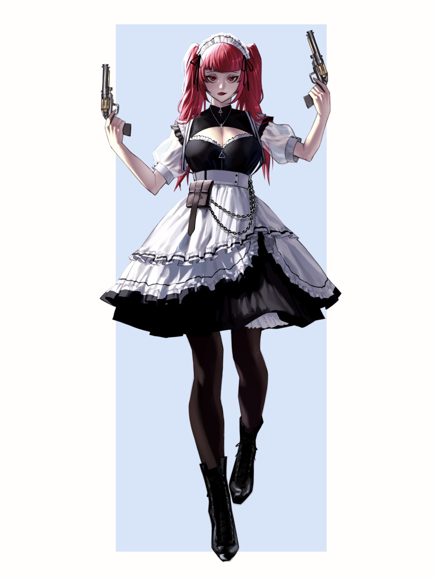 1girl absurdres brown_pantyhose cleavage_cutout clothing_cutout cross cross_necklace emo37337640 gun highres holding holding_gun holding_weapon jewelry long_hair maid maid_headdress necklace original pantyhose pouch puffy_sleeves red_eyes red_hair revolver solo tongue tongue_out twintails unconventional_maid weapon