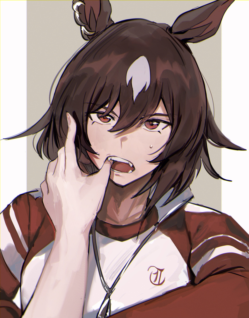 1girl animal_ears blush bojue_(hakus_1128) brown_hair ear_ornament fangs hair_between_eyes hand_in_another's_mouth highres horse_ears horse_girl jacket long_hair long_sleeves looking_at_viewer multicolored_hair open_mouth red_eyes red_jacket simple_background sirius_symboli_(umamusume) solo_focus streaked_hair sweat track_jacket umamusume upper_body very_long_hair white_background white_hair