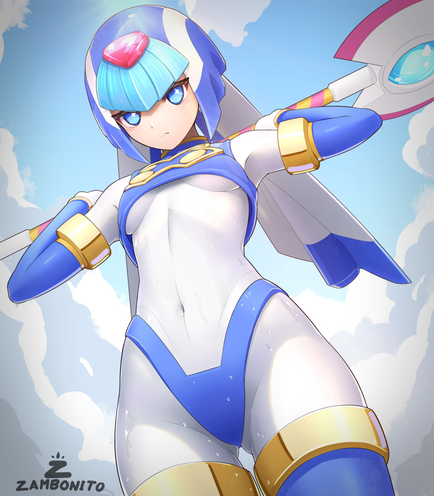 1girl absurdres android armor artist_name blue_eyes blue_helmet bodysuit bodysuit_under_clothes breasts cloud covered_navel crop_top english_commentary fairy_leviathan_(mega_man) fins forehead_jewel from_below head_fins helmet highres holding holding_polearm holding_weapon mega_man_(series) mega_man_zero_(series) polearm robot_girl sky small_breasts solo spear weapon white_bodysuit zambonito