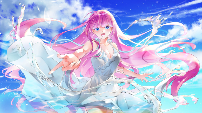 1girl :d ahoge alternate_costume artist_name blue_eyes blue_sky blush breasts cloud dot_nose dress frilled_dress frills hihooo large_breasts long_hair looking_at_viewer megurine_luka open_mouth outstretched_arm pink_hair sky smile solo tongue very_long_hair vocaloid water white_dress