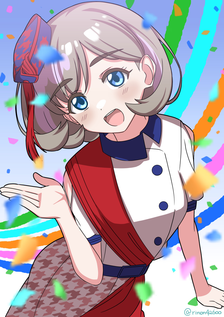 1girl absurdres belt beret blue_belt blue_eyes blue_hat blush buttons commentary confetti double-breasted grey_hair hat highres looking_at_viewer love_live! love_live!_superstar!! open_mouth red_skirt rinon42600 shirt short_hair short_sleeves skirt solo start!!_true_dreams_(love_live!) tang_keke tilted_headwear twitter_username two-tone_skirt upper_body white_shirt