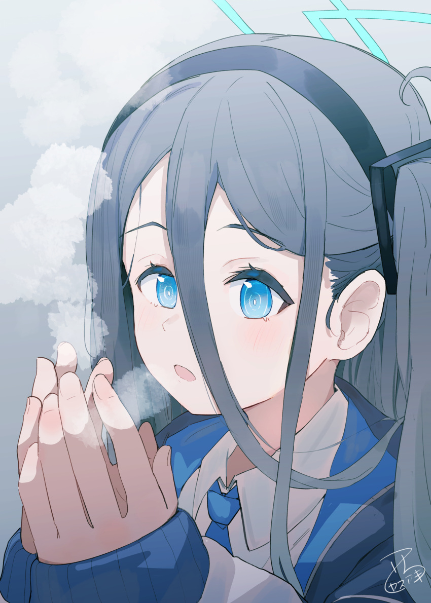 1girl absurdres aris_(blue_archive) black_hairband black_jacket blue_archive blue_eyes blue_necktie breath breathing_on_hands collared_shirt commentary_request grey_background grey_hair hair_between_eyes hairband halo highres jacket long_hair long_sleeves necktie nishi_yasuaki one_side_up open_clothes open_jacket parted_lips puffy_long_sleeves puffy_sleeves ringed_eyes shirt signature sleeves_past_wrists solo upper_body white_shirt