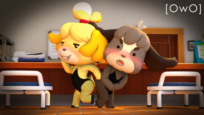 16:9 3d_(artwork) 4k absurd_res animal_crossing anthro blush bulge bunny_costume canid canine canis clothed clothing costume digby_(animal_crossing) digital_media_(artwork) domestic_dog duo embarrassed female fishnet fishnet_legwear footwear fur hair hi_res inside isabelle_(animal_crossing) legwear looking_at_viewer male mammal nintendo nipples owo_sfm pose shih_tzu shoes source_filmmaker toy_dog widescreen