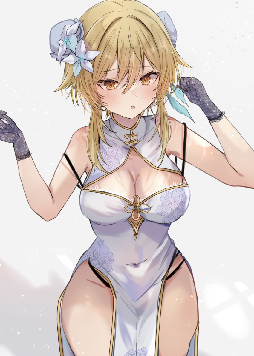 1girl :o bare_shoulders black_gloves blonde_hair blush breasts bun_cover china_dress chinese_clothes cleavage cleavage_cutout clothing_cutout collared_dress covered_navel cowboy_shot dot_nose double_bun dress flower genshin_impact gloves hair_between_eyes hair_bun hair_flower hair_ornament hands_up highres lace lace_gloves large_breasts looking_at_viewer lumine_(genshin_impact) maruro open_mouth orange_eyes pelvic_curtain short_hair_with_long_locks side_slit sidelocks simple_background sleeveless sleeveless_dress solo strap_slip thick_thighs thighs white_background white_dress white_flower