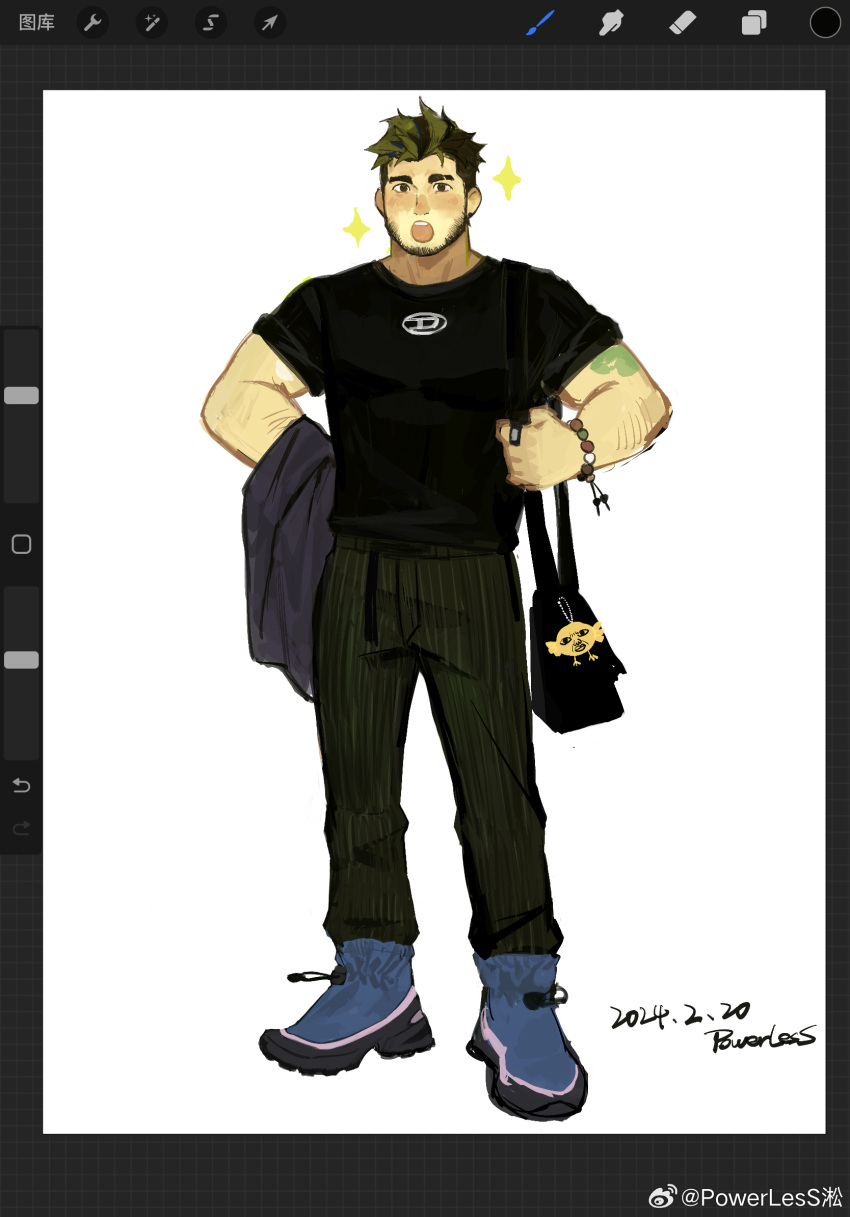 1boy art_program_in_frame bara beard_stubble character_charm charm_(object) facial_hair full_body highres looking_at_viewer male_focus oc_(powerlesssong) original pants powerlesssong shirt shoes short_hair solo sparkle sparse_arm_hair standing stubble t-shirt thick_eyebrows