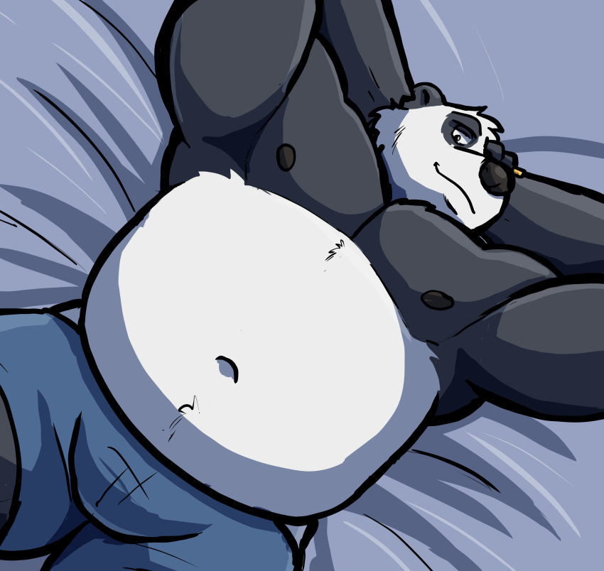 2024 absurd_res anthro bear bed belly biceps bottomwear bulge chest_tuft clothed clothing furniture giant_panda hi_res looking_at_viewer male mammal manly musclegut muscular navel nipples obenpanda on_bed pecs reclining shorts shorts_only slightly_chubby solo topless topless_male tuft