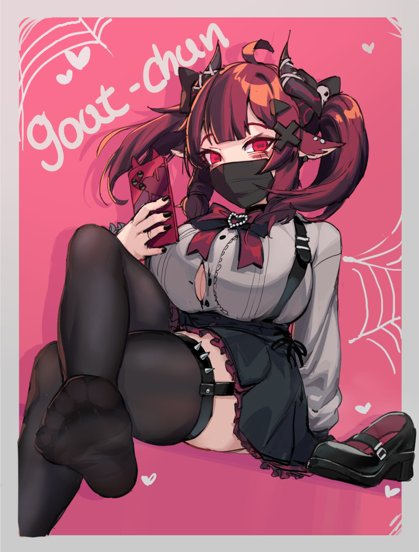 1girl absurdres ahoge animal_ears black_bow black_footwear black_horns black_nails black_skirt black_thighhighs border bow bowtie breasts bursting_breasts cellphone character_name eyelashes feet foot_out_of_frame frilled_skirt frills garter_straps grey_border grey_shirt hair_bow hair_ornament highres holding horn_ornament horns huge_breasts k-rha's knee_up legs long_hair long_sleeves looking_at_viewer mask mouth_mask no_shoes original phone pink_background pleated_skirt red_bow red_bowtie red_eyes red_hair shirt shoes sidelocks sitting skindentation skirt smartphone soles solo suspender_skirt suspenders symbol-shaped_pupils thighhighs thighs toes twintails unworn_shoes x_hair_ornament