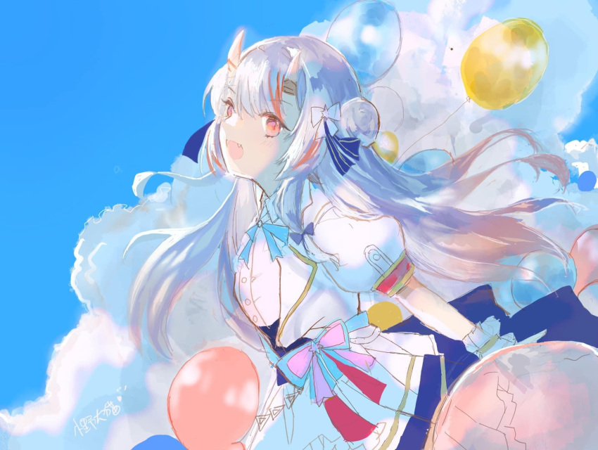 :d balloon blue_skirt blue_sky blush bow cloud commentary_request cropped_jacket day fangs grey_hair hair_bun highres hololive horns jacket long_hair lunacats multicolored_hair nakiri_ayame oni open_clothes open_jacket outdoors pink_eyes pleated_skirt puffy_short_sleeves puffy_sleeves red_hair shirt short_sleeves single_side_bun skirt sky smile solo streaked_hair very_long_hair virtual_youtuber white_bow white_jacket white_shirt wrist_cuffs