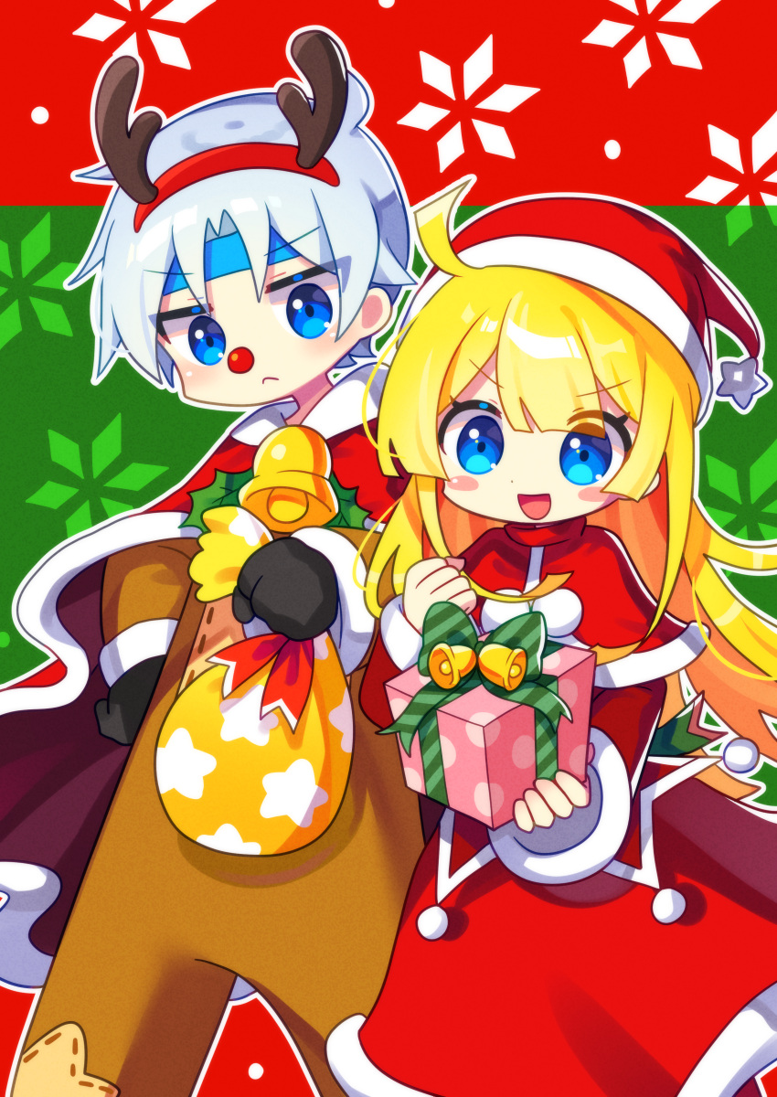 1boy 1girl absurdres animal_costume black_gloves blonde_hair blue_eyes blush box closed_mouth fake_antlers gift gift_box gloves grey_hair hairband hat highres long_hair long_sleeves offbeat open_mouth puyopuyo red_hat reindeer_costume santa_costume santa_hat schezo_wegey short_hair witch_(puyopuyo)