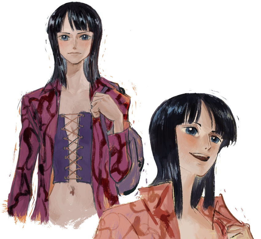 1girl bag black_hair blue_eyes blunt_bangs chinese_commentary closed_mouth collared_shirt commentary_request crop_top cross-laced_clothes cross-laced_top highres linerynlasgalen looking_at_viewer medium_hair multiple_views navel nico_robin one_piece purple_bag purple_shirt shirt shoulder_bag simple_background smile solo teeth upper_teeth_only white_background