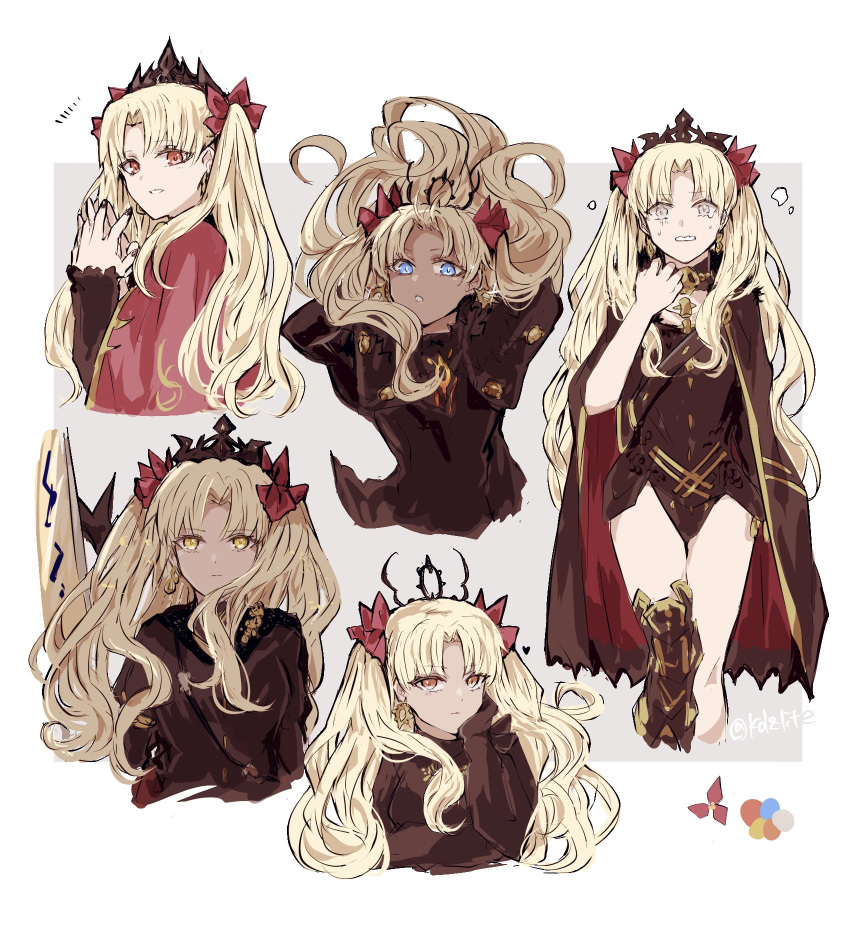 2girls alternate_costume black_gloves black_nails black_tiara blonde_hair blue_eyes border commentary dark-skinned_female dark_skin earrings ereshkigal_(fate) ereshkigal_alter_(fate) fate/grand_order fate_(series) flower gloves grey_background hair_ribbon highres hoop_earrings jewelry long_hair looking_at_viewer multiple_girls official_alternate_costume orange_eyes red_eyes red_ribbon ribbon simple_background skull skull_brooch smile sodamachi spine tears tiara twintails white_border yellow_eyes